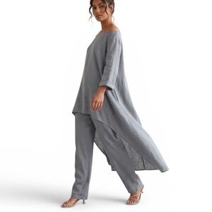 FAERIESTY Womens XL Grey High Low Tunic Wide Leg Pants 2 Piece Lagenlook Chic
